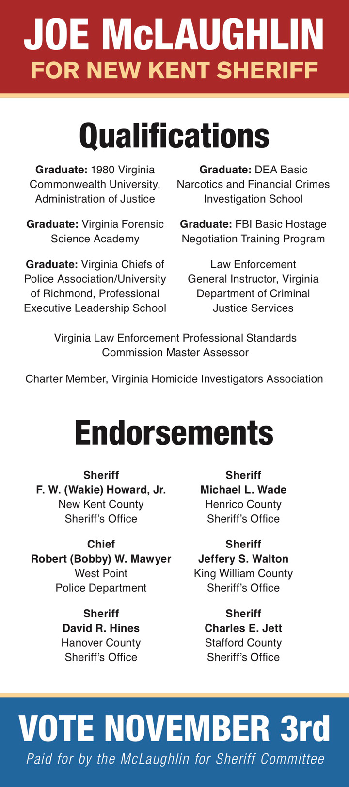 Mclaughlin New Kent Sheriff Joe McLaughlin Palm Card Print Side 2