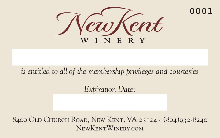 New Kent Winery Barrel Club Member Card Print Side 2