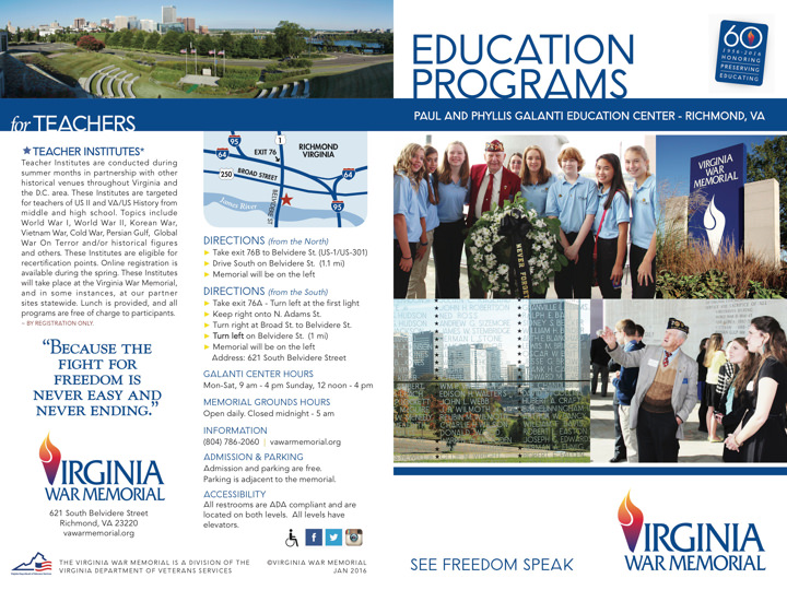 Virginia War Memorial Education Programs Brochure Print Side 1